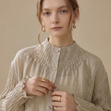 100% Linen Smocked Neck Long Sleeve Blouse