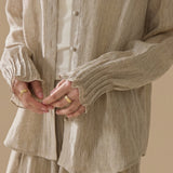 100% Linen Smocked Neck Long Sleeve Blouse