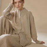 100% Linen Smocked Neck Long Sleeve Blouse