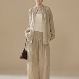 100% Linen Smocked Neck Long Sleeve Blouse