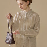 100% Linen Smocked Neck Long Sleeve Blouse