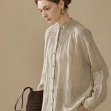 100% Linen Smocked Neck Long Sleeve Blouse