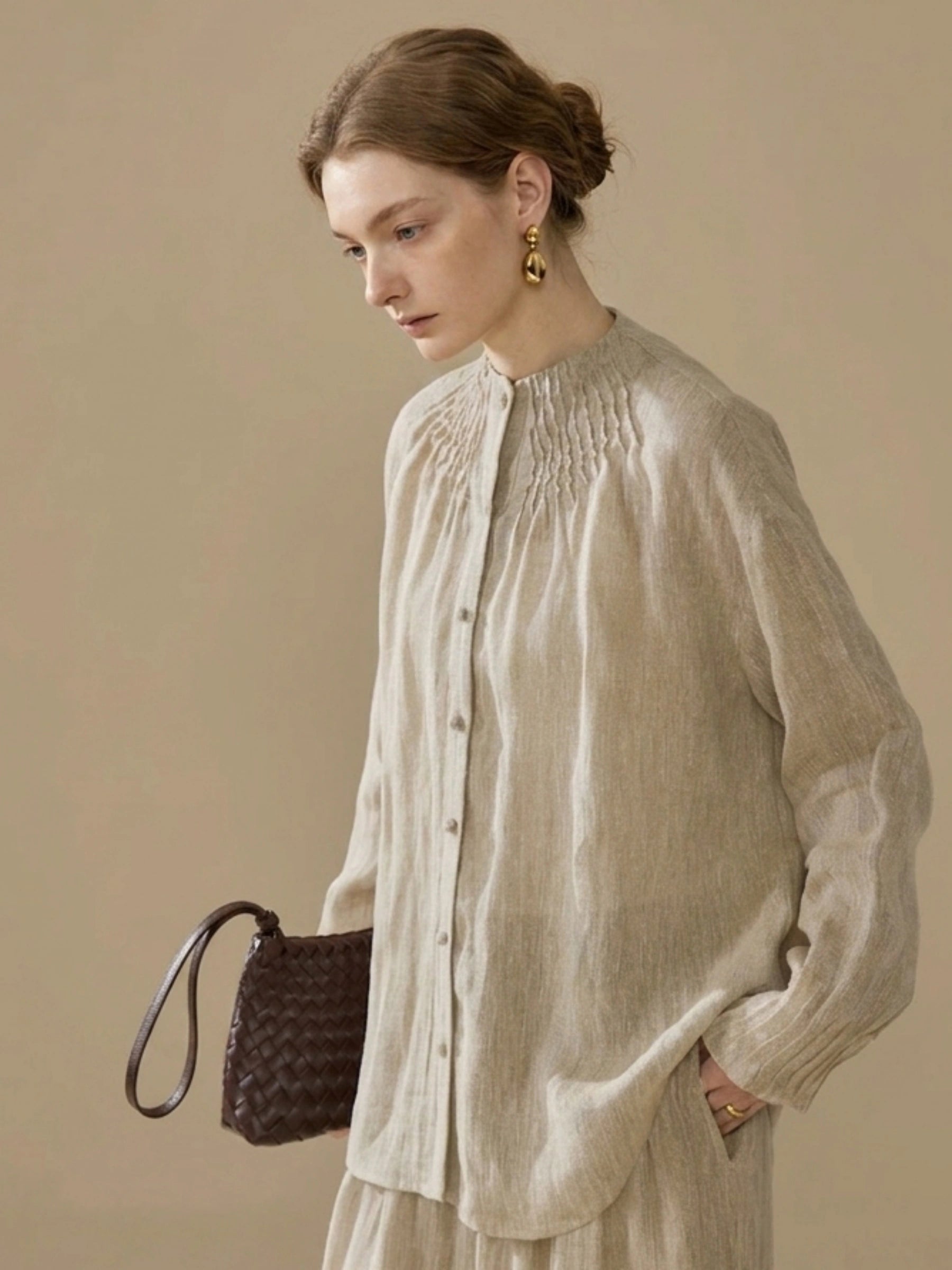 100% Linen Smocked Neck Long Sleeve Blouse