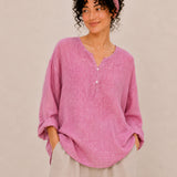 100% Linen Split-Neck Two-Button Relaxed Top