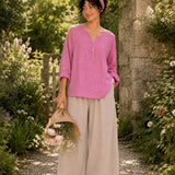 100% Linen Split-Neck Two-Button Relaxed Top