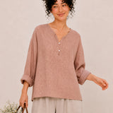 100% Linen Split-Neck Two-Button Relaxed Top