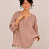 100% Linen Split-Neck Two-Button Relaxed Top
