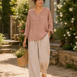 100% Linen Split-Neck Two-Button Relaxed Top