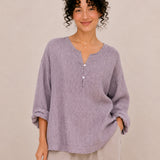 100% Linen Split-Neck Two-Button Relaxed Top