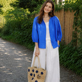 100% Linen Split Neck Gathered Placket Balloon 3/4 Sleeve Blouse