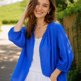 100% Linen Split Neck Gathered Placket Balloon 3/4 Sleeve Blouse