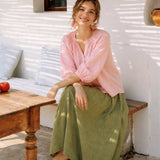 100% Linen Split Neck Gathered Placket Balloon 3/4 Sleeve Blouse