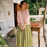 100% Linen Split Neck Gathered Placket Balloon 3/4 Sleeve Blouse