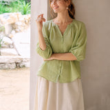 100% Linen Split Neck Gathered Placket Balloon 3/4 Sleeve Blouse