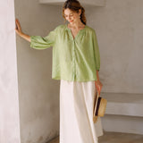 100% Linen Split Neck Gathered Placket Balloon 3/4 Sleeve Blouse