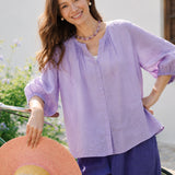 100% Linen Split Neck Gathered Placket Balloon 3/4 Sleeve Blouse