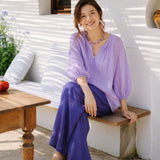 100% Linen Split Neck Gathered Placket Balloon 3/4 Sleeve Blouse