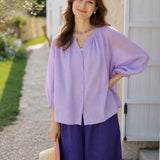 100% Linen Split Neck Gathered Placket Balloon 3/4 Sleeve Blouse