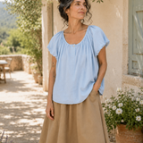 100% Linen Square Neck Gathered Puff Sleeve Blouse
