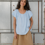 100% Linen Square Neck Gathered Puff Sleeve Blouse