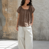 100% Linen Square Neck Gathered Puff Sleeve Blouse