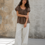 100% Linen Square Neck Gathered Puff Sleeve Blouse