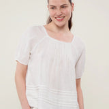 100% Linen Square Neck Lace Trim Pintuck Blouse