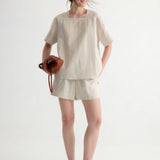 100% Linen Square Neck Short Sleeve Blouse