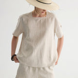 100% Linen Square Neck Short Sleeve Blouse