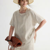 100% Linen Square Neck Short Sleeve Blouse