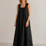 100% Linen Square Neck Side Pocket Sleeveless Maxi Dress