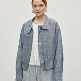 100% Linen Stand Collar Elasticized Hem Zipper Bomber Jacket