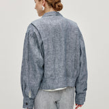 100% Linen Stand Collar Elasticized Hem Zipper Bomber Jacket