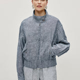 100% Linen Stand Collar Elasticized Hem Zipper Bomber Jacket