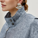 100% Linen Stand Collar Elasticized Hem Zipper Bomber Jacket