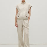 100% Linen Stand Collar Elasticized Hem Zipper Vest