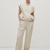 100% Linen Stand Collar Elasticized Hem Zipper Vest