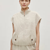 100% Linen Stand Collar Elasticized Hem Zipper Vest