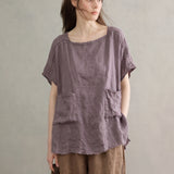 100% Linen Stitched Detail Asymmetric Hem Blouse