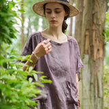 100% Linen Stitched Detail Asymmetric Hem Blouse