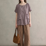 100% Linen Stitched Detail Asymmetric Hem Blouse