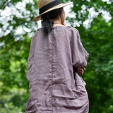 100% Linen Stitched Detail Asymmetric Hem Blouse