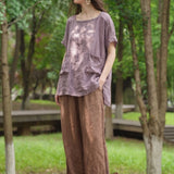 100% Linen Stitched Detail Asymmetric Hem Blouse