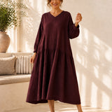 100% Linen Stitched Detail V-Neck Maxi Dress