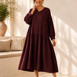 100% Linen Stitched Detail V-Neck Maxi Dress