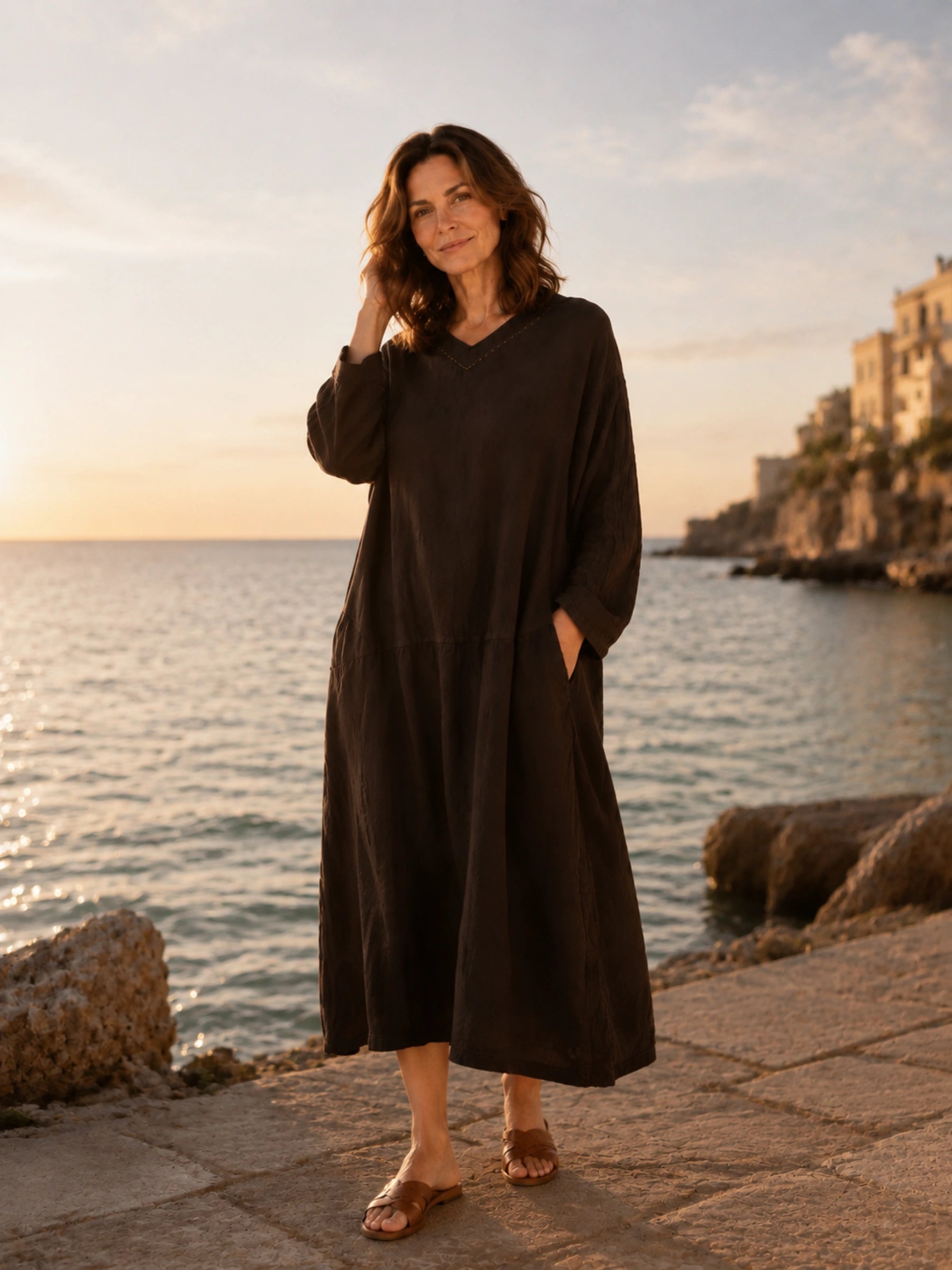 100% Linen Stitched Detail V-Neck Maxi Dress