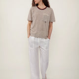 100% Linen Stripe Crew Neck Chest Pocket T-Shirt
