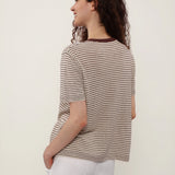 100% Linen Stripe Crew Neck Chest Pocket T-Shirt