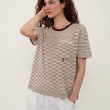 100% Linen Stripe Crew Neck Chest Pocket T-Shirt