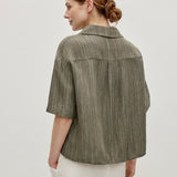 100% Linen Stripe Cuban Collar Half Sleeve Shirt